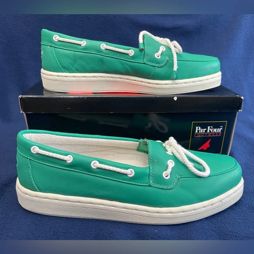 Vintage Par Four Mens Leather Boat Shoes 9.5 RARE HardTo Find Kelly Green Womens